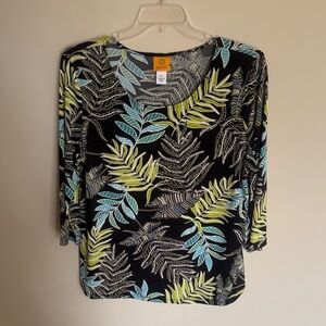 Alfani Black Long Sleeve Scoop Neck Top with Blue & Lime Leaf Print